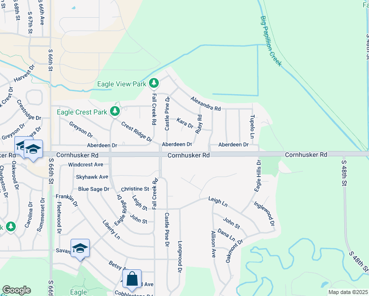 map of restaurants, bars, coffee shops, grocery stores, and more near 2213 Aberdeen Drive in Papillion