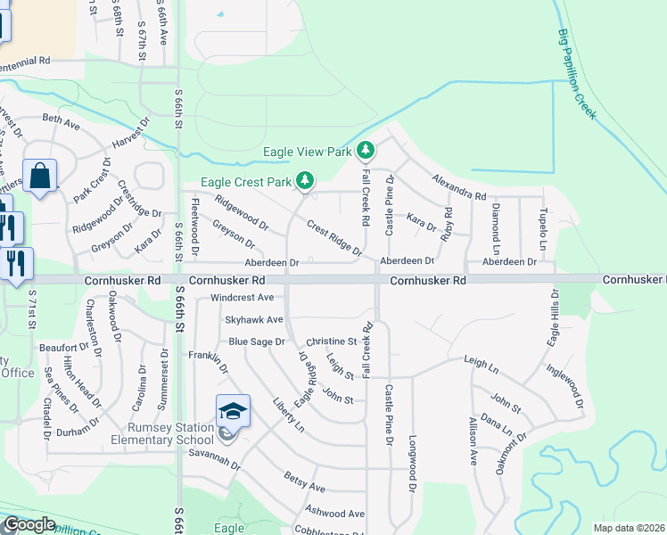 map of restaurants, bars, coffee shops, grocery stores, and more near 2117 Aberdeen Drive in Papillion