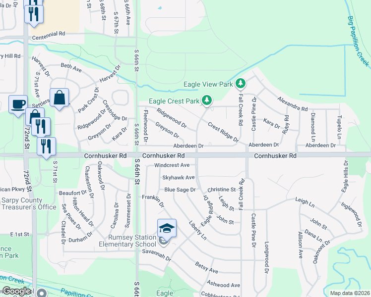 map of restaurants, bars, coffee shops, grocery stores, and more near 2000 Windcrest Avenue in Papillion