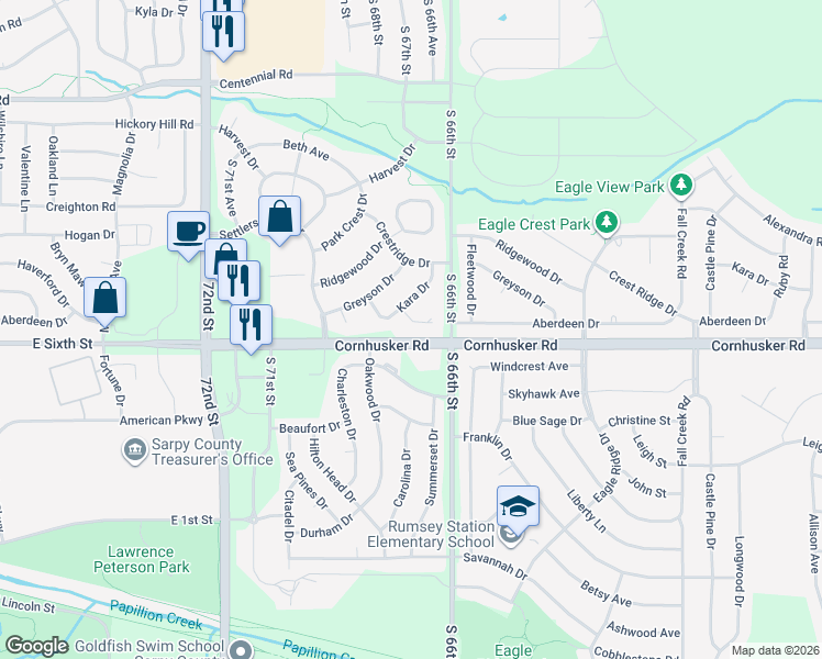 map of restaurants, bars, coffee shops, grocery stores, and more near 1716 Charleston Drive in Papillion