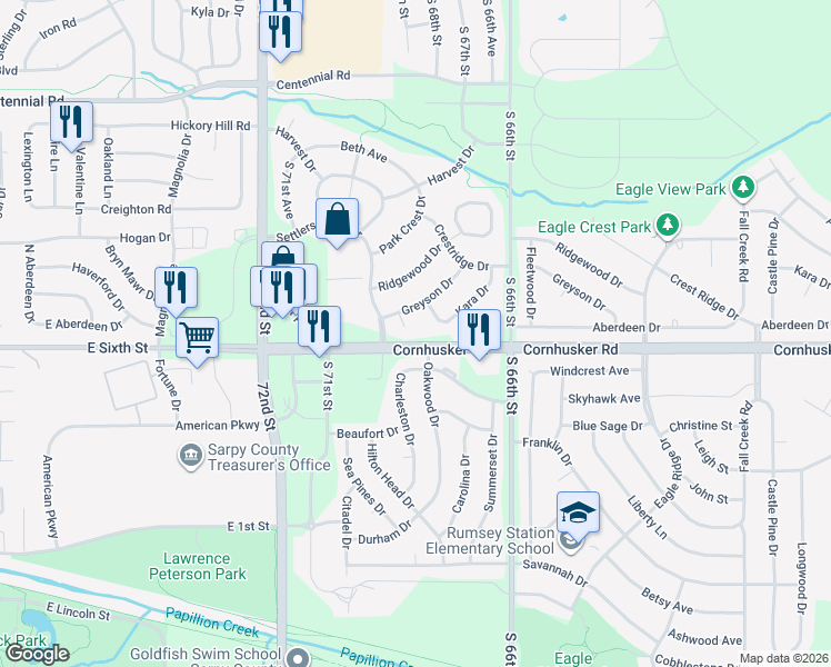map of restaurants, bars, coffee shops, grocery stores, and more near 1508 Charleston Drive in Papillion