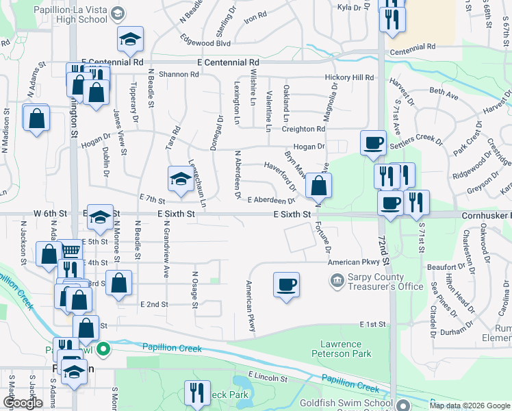 map of restaurants, bars, coffee shops, grocery stores, and more near 615 East Sixth Street in Papillion