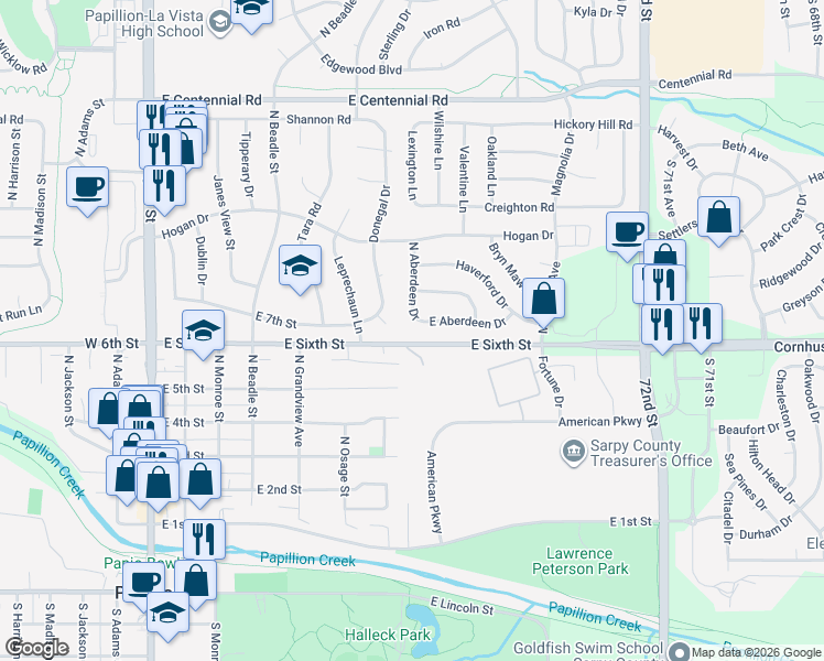map of restaurants, bars, coffee shops, grocery stores, and more near 615 East Sixth Street in Papillion