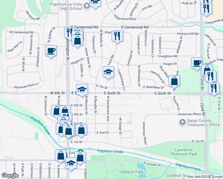 map of restaurants, bars, coffee shops, grocery stores, and more near 510 Bonnie Avenue in Papillion
