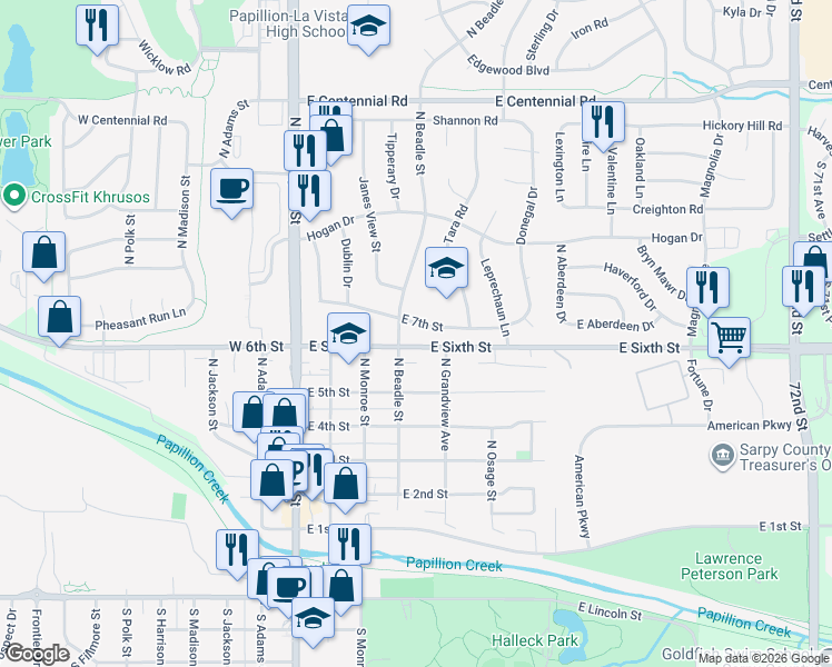 map of restaurants, bars, coffee shops, grocery stores, and more near 402 Circle Street in Papillion