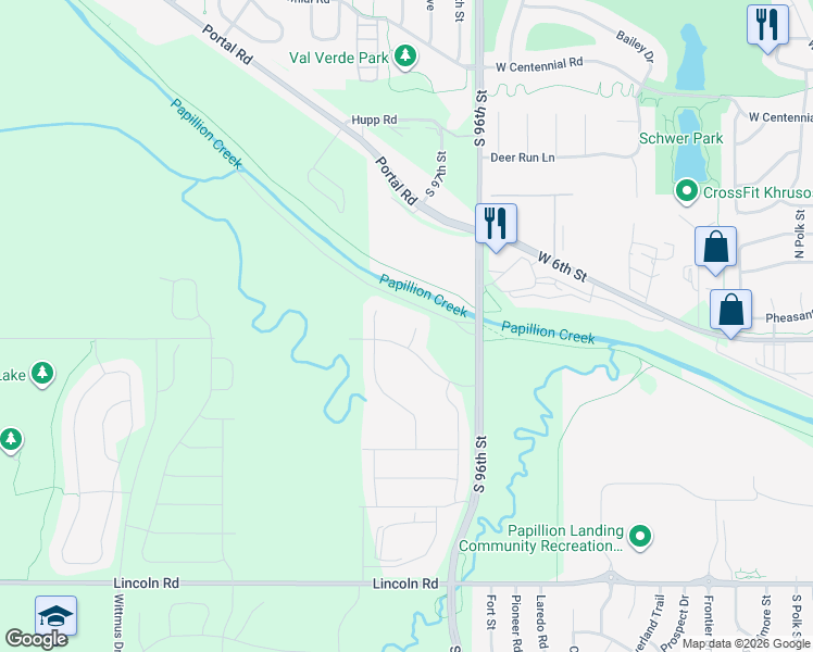 map of restaurants, bars, coffee shops, grocery stores, and more near in Papillion