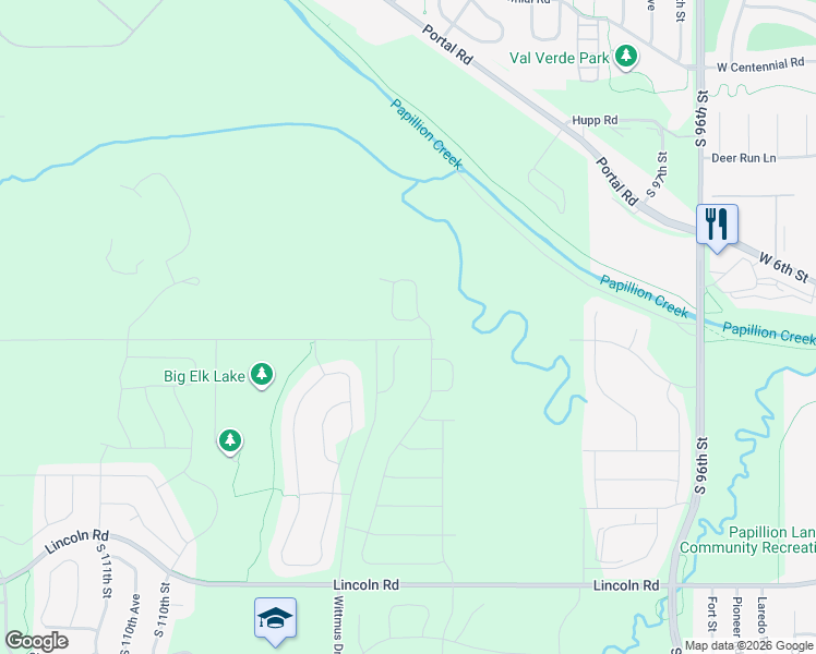 map of restaurants, bars, coffee shops, grocery stores, and more near 9909 South 103rd Avenue Circle in Papillion