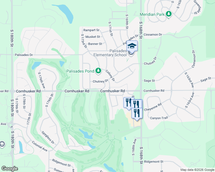 map of restaurants, bars, coffee shops, grocery stores, and more near 17213 Sage Street in Omaha