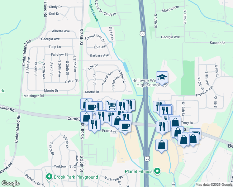 map of restaurants, bars, coffee shops, grocery stores, and more near 2011 Morrie Drive in Bellevue