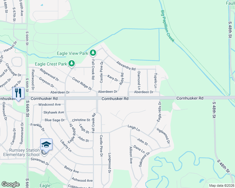map of restaurants, bars, coffee shops, grocery stores, and more near 2307 Aberdeen Drive in Papillion