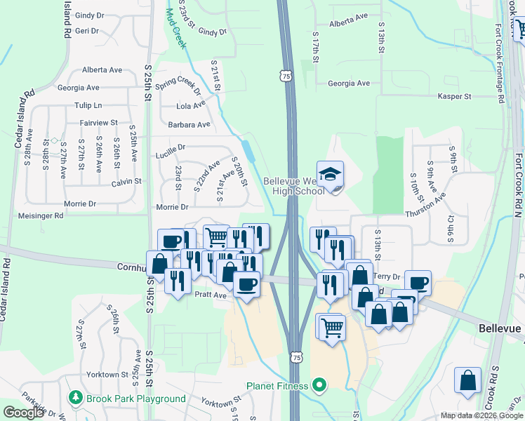 map of restaurants, bars, coffee shops, grocery stores, and more near 1917 Morrie Drive in Bellevue