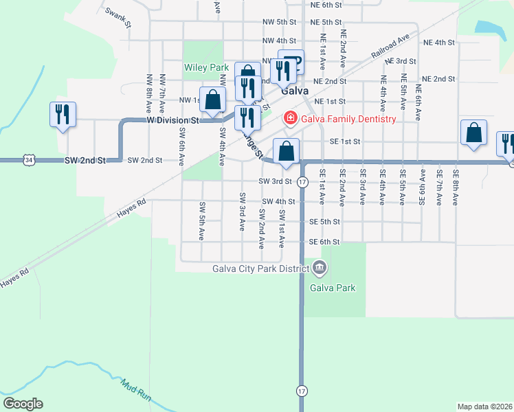 map of restaurants, bars, coffee shops, grocery stores, and more near 210 Southwest 5th Street in Galva