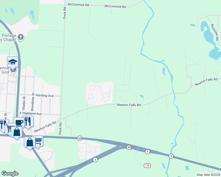 map of restaurants, bars, coffee shops, grocery stores, and more near 5141 Newton Falls Road in Ravenna