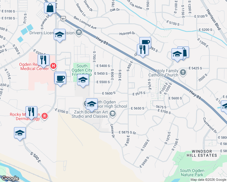 map of restaurants, bars, coffee shops, grocery stores, and more near 820 East 5600 South in Ogden