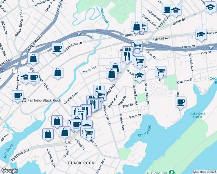 map of restaurants, bars, coffee shops, grocery stores, and more near 2414 Fairfield Avenue in Bridgeport
