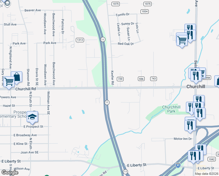 map of restaurants, bars, coffee shops, grocery stores, and more near 1250 Churchill Road in Girard