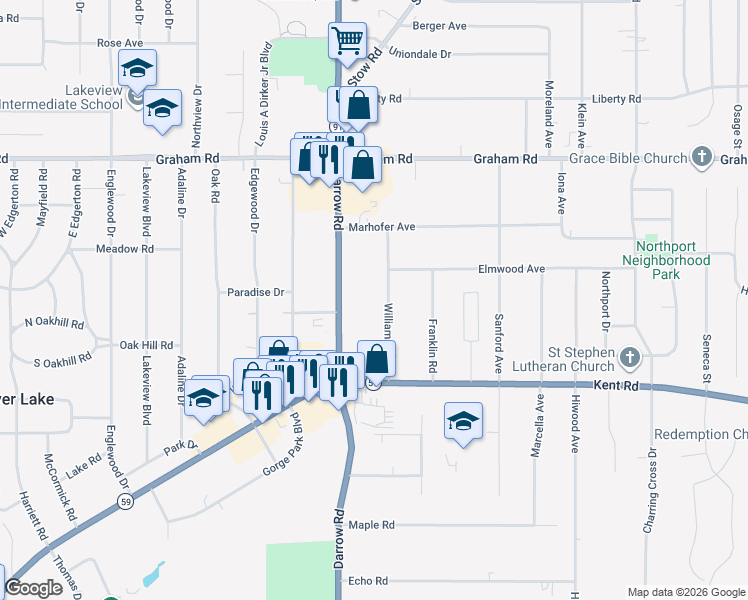 map of restaurants, bars, coffee shops, grocery stores, and more near 3553 Darrow Road in Stow