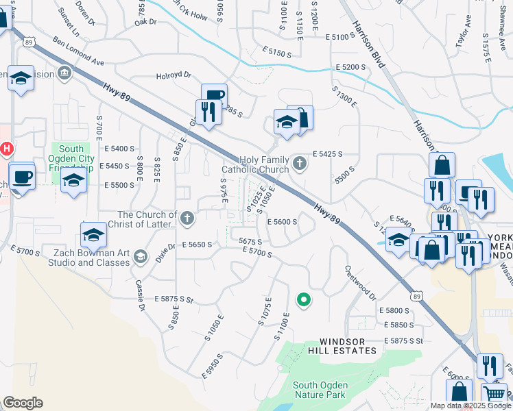 map of restaurants, bars, coffee shops, grocery stores, and more near 5558 South 1025 East in Ogden