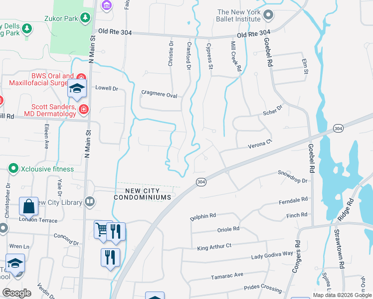 map of restaurants, bars, coffee shops, grocery stores, and more near 55 Cranford Drive in New City
