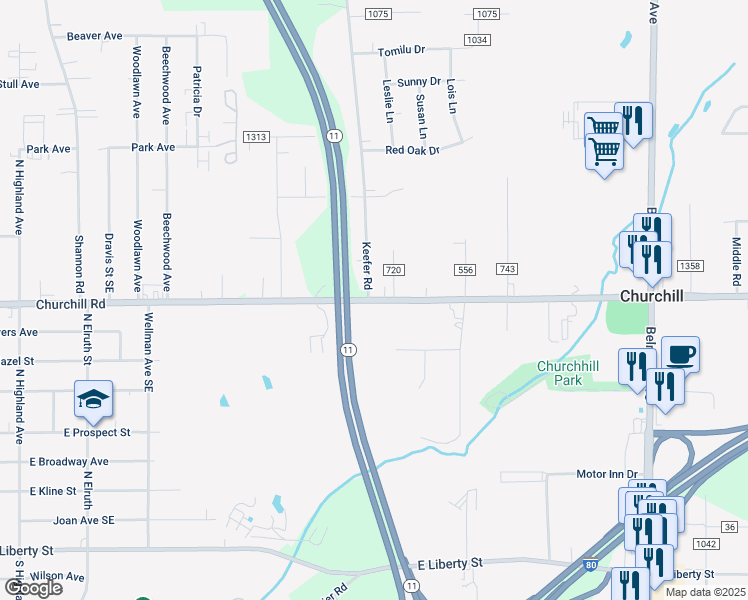 map of restaurants, bars, coffee shops, grocery stores, and more near 1321 Churchill Road in Girard