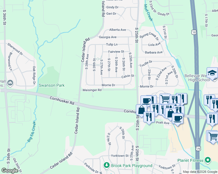 map of restaurants, bars, coffee shops, grocery stores, and more near 2619 Morrie Drive in Bellevue