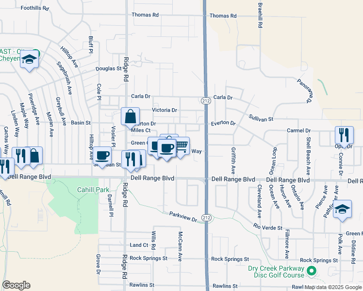 map of restaurants, bars, coffee shops, grocery stores, and more near 3806 Dell Range Boulevard in Cheyenne