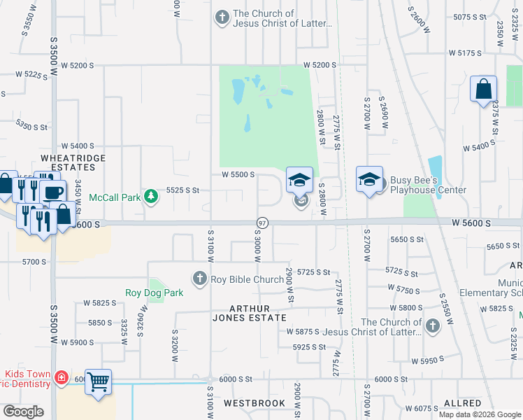 map of restaurants, bars, coffee shops, grocery stores, and more near 5616 South 3000 West in Roy