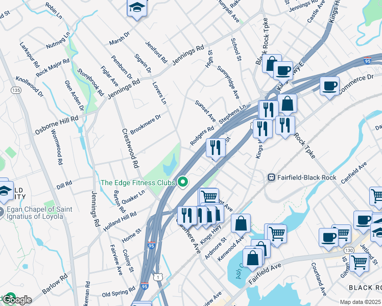 map of restaurants, bars, coffee shops, grocery stores, and more near 558 Holland Hill Road in Fairfield
