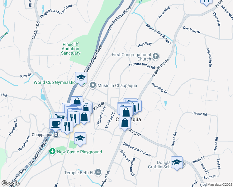 map of restaurants, bars, coffee shops, grocery stores, and more near 15 Orchard Lane in Chappaqua