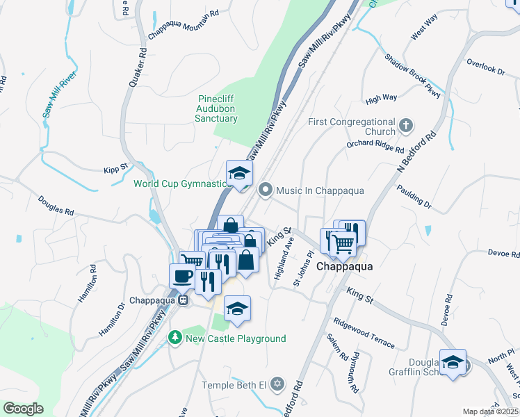 map of restaurants, bars, coffee shops, grocery stores, and more near 41 Maple Avenue in Chappaqua