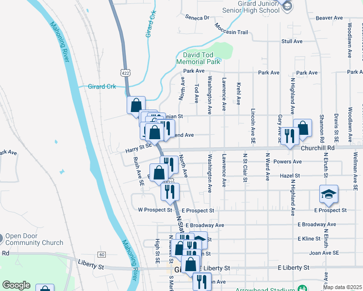 map of restaurants, bars, coffee shops, grocery stores, and more near 713 North Avenue in Girard