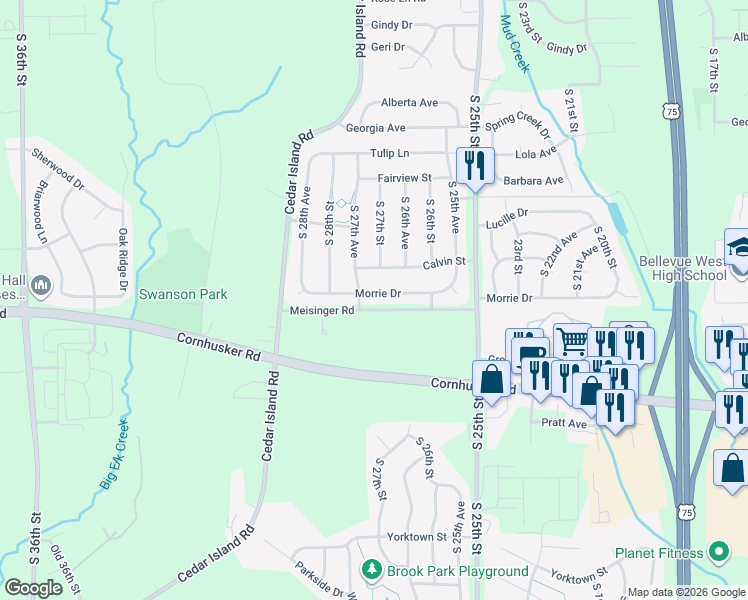 map of restaurants, bars, coffee shops, grocery stores, and more near 2619 Morrie Drive in Bellevue