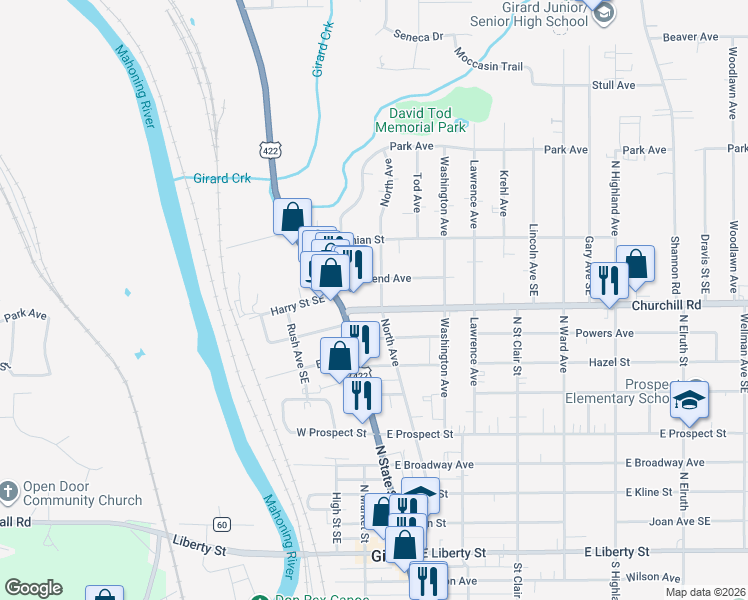 map of restaurants, bars, coffee shops, grocery stores, and more near 724 North State Street in Girard