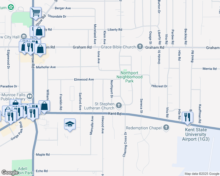 map of restaurants, bars, coffee shops, grocery stores, and more near 3670 Northport Drive in Stow
