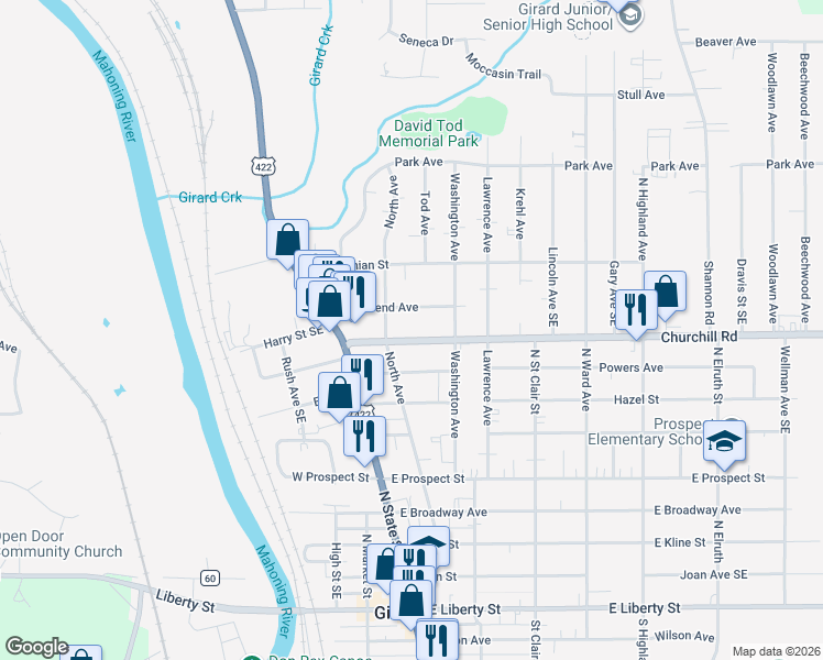 map of restaurants, bars, coffee shops, grocery stores, and more near 713 North Avenue in Girard