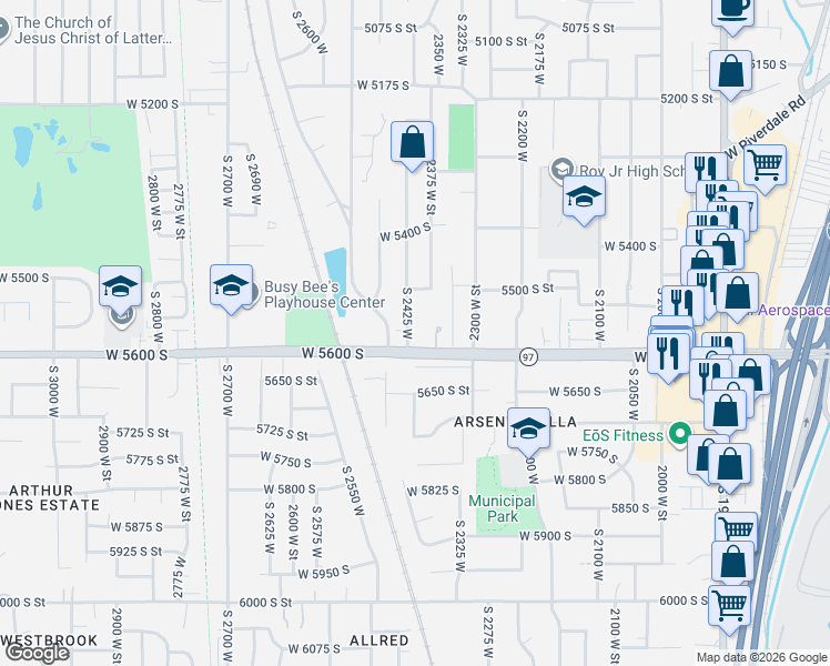 map of restaurants, bars, coffee shops, grocery stores, and more near 5564 South 2425 West in Roy