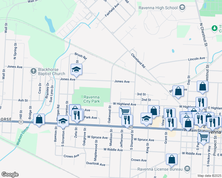 map of restaurants, bars, coffee shops, grocery stores, and more near 339 Oakwood Street in Ravenna