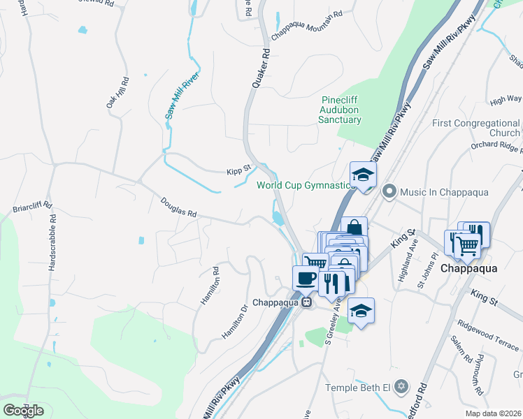 map of restaurants, bars, coffee shops, grocery stores, and more near 62 Douglas Road in Chappaqua