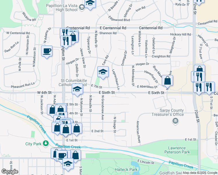 map of restaurants, bars, coffee shops, grocery stores, and more near 700 Tara Road in Papillion
