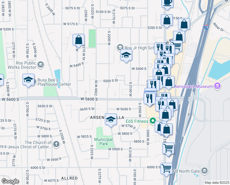 map of restaurants, bars, coffee shops, grocery stores, and more near 2182 West 5600 South in Roy