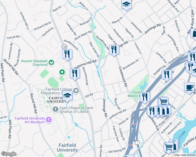 map of restaurants, bars, coffee shops, grocery stores, and more near 1420 Jennings Road in Fairfield