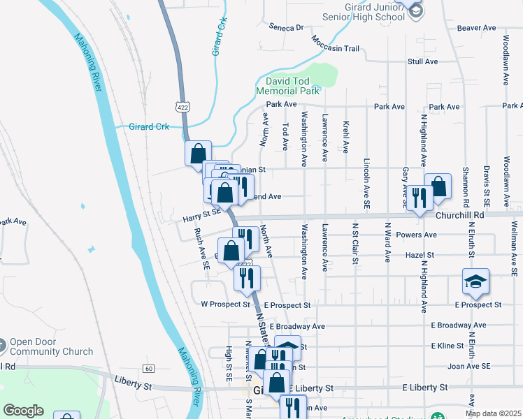 map of restaurants, bars, coffee shops, grocery stores, and more near 114 Townsend Avenue in Girard