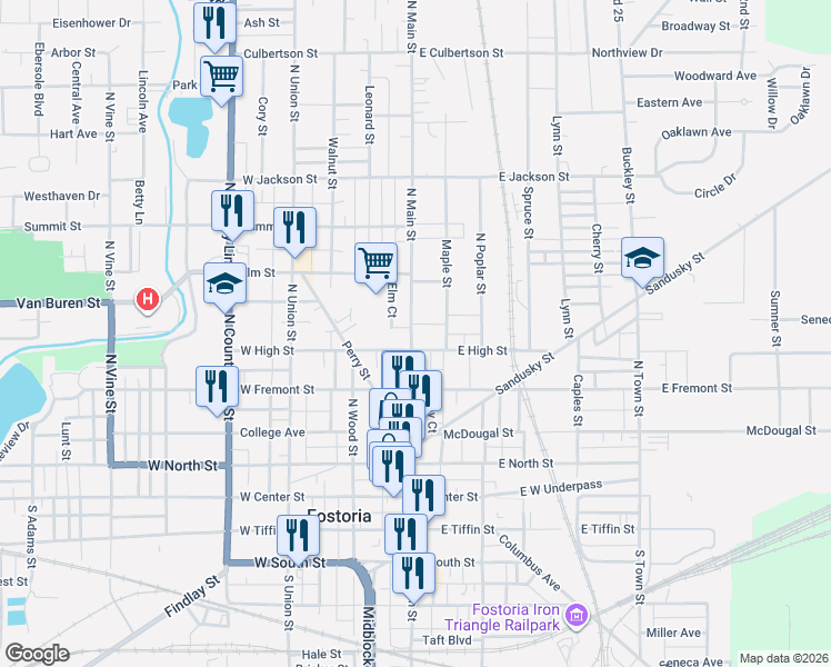 map of restaurants, bars, coffee shops, grocery stores, and more near in Fostoria