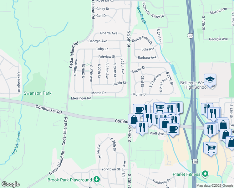 map of restaurants, bars, coffee shops, grocery stores, and more near 9804 South 25th Avenue in Bellevue