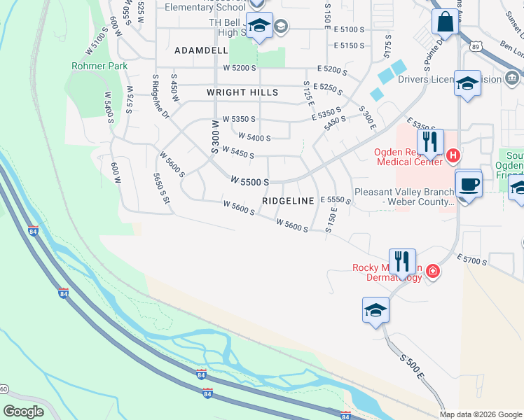 map of restaurants, bars, coffee shops, grocery stores, and more near 5529 South 150 West in Ogden