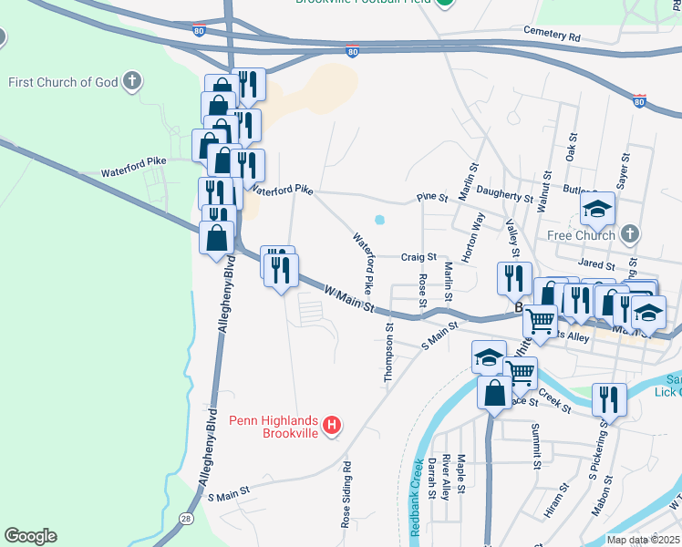 map of restaurants, bars, coffee shops, grocery stores, and more near 5 Waterford Pike in Brookville