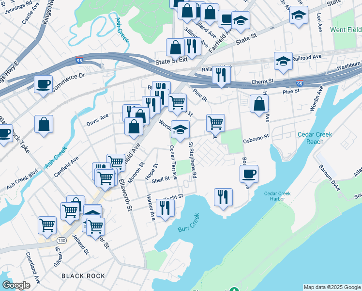map of restaurants, bars, coffee shops, grocery stores, and more near 240 Ocean Terrace in Bridgeport