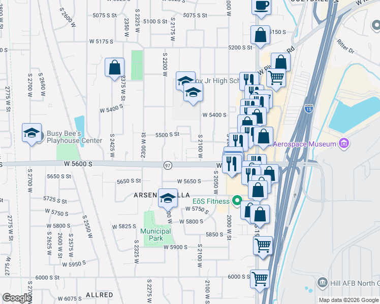 map of restaurants, bars, coffee shops, grocery stores, and more near 2155 5500 South Street in Roy