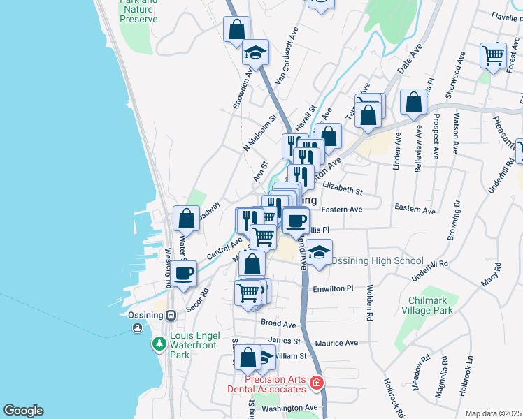 map of restaurants, bars, coffee shops, grocery stores, and more near 100 Broadway in Ossining