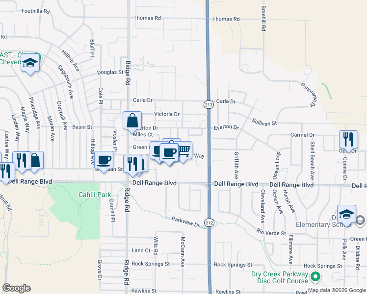 map of restaurants, bars, coffee shops, grocery stores, and more near 3808 Gregg Way in Cheyenne